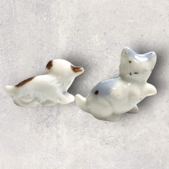 Vintage Japan Miniature Bulldog & Cat Figurines Pair Porcelain MCM Cute Animals - Picture 3 of 13